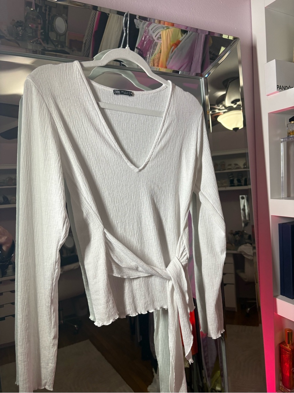 Zara White V-Neck Tie-Waist Long Sleeve Top